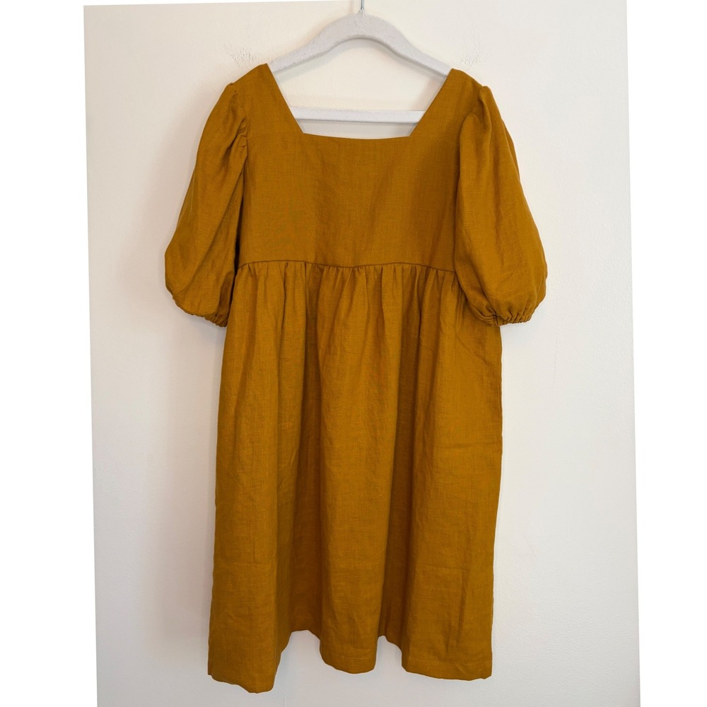 Omoloko Kids Mustard Yellow 100% Linen Puff Sleeve Empire Waist Dress Girls 9